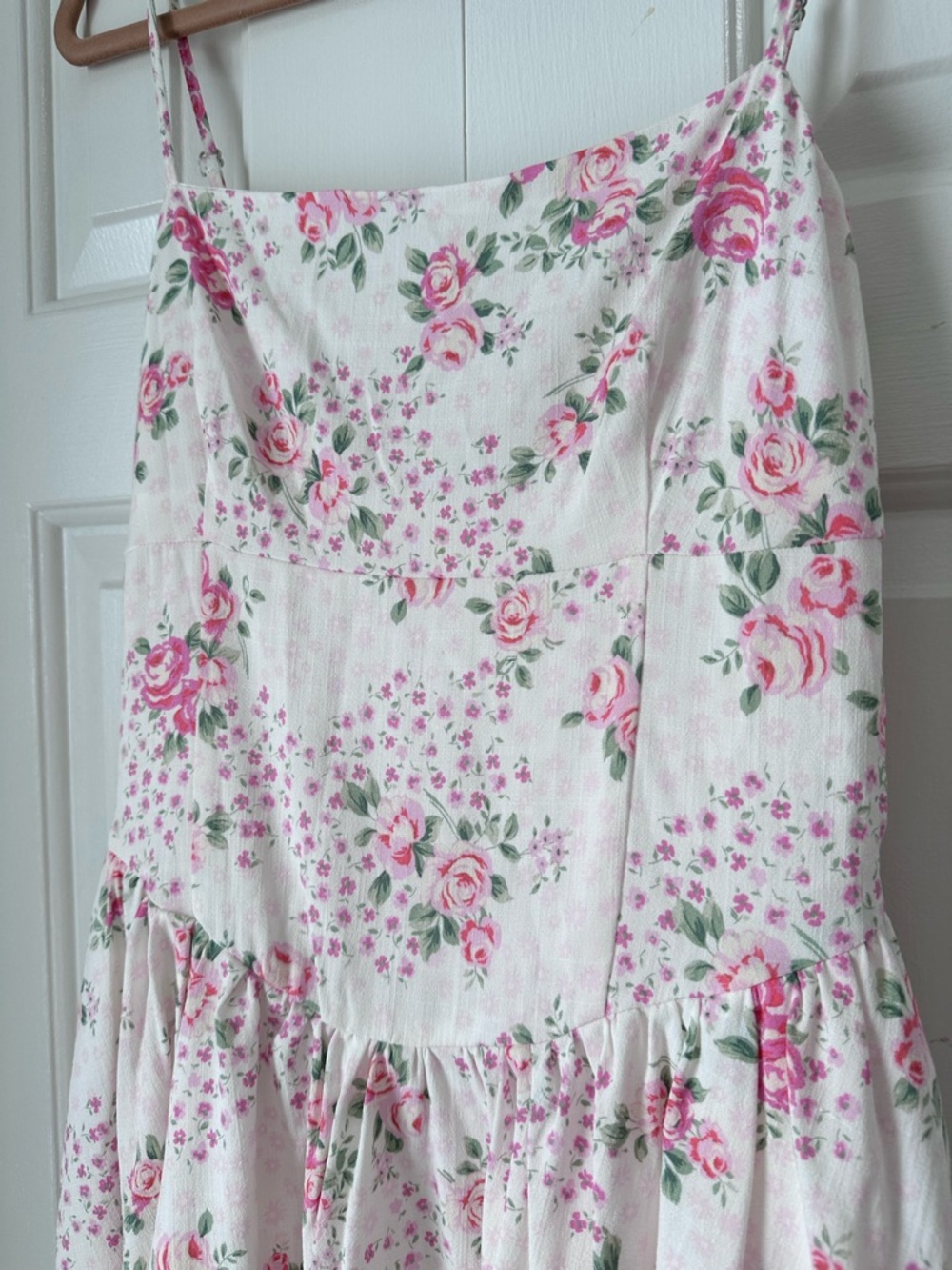 Altar'd State White Floral Mini Dress with Pink Roses, Pockets, size Large - Picture 4 of 10